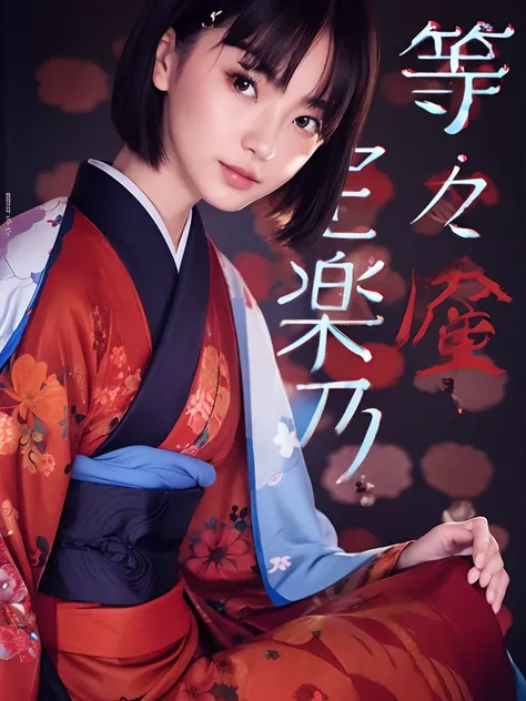 Japanese girl with short hair in kimono，A light blue blanket was draped over her back