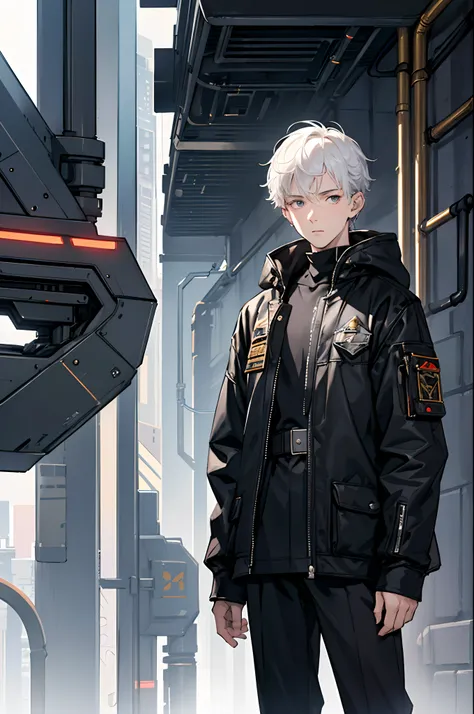 A 15-year-old teenage boy, a boy engineer and artificer, height 1.6m, weight 60kg, pale skin tone, without a beard, without a goatee, no facial hair, no body hair, white hair color, straight hair, pointed ears, futuristic black jacket, cyberpunk black clot...