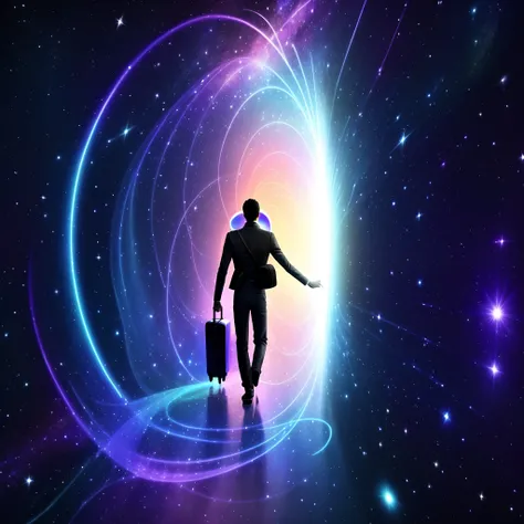 Theres a man walking through a galaxy with a suitcase, Viagem Astral, Entering a Quantum Wormhole, open portal to another dimension, no plano astral ) ) ), viajando para um buraco negro, Viagem no tempo, liminal space in outer space!!!, Abrindo um portal b...