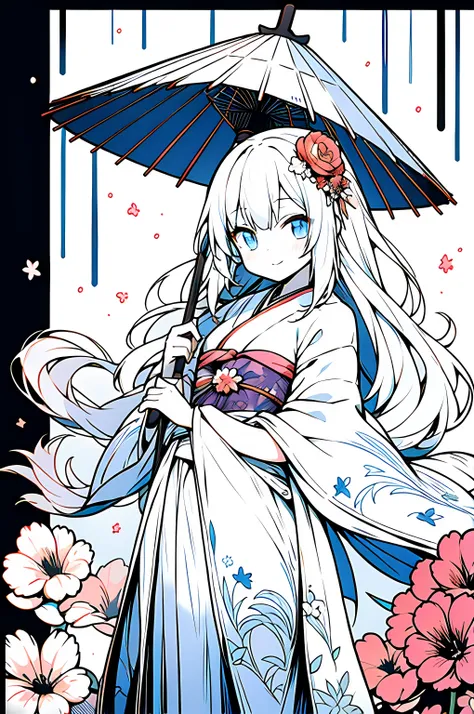 Anime girl in kimono, holding umbrella,