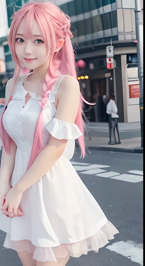 high-level image quality、anime girl with long hair and white dress posing for a picture、Shibuya Crossing、up close shot、(A smile:1.5)、sayori, Anime visuals of cute girls, anime moe art style, loli in dress, Anime girl in white dress, pretty anime girl, (Ani...