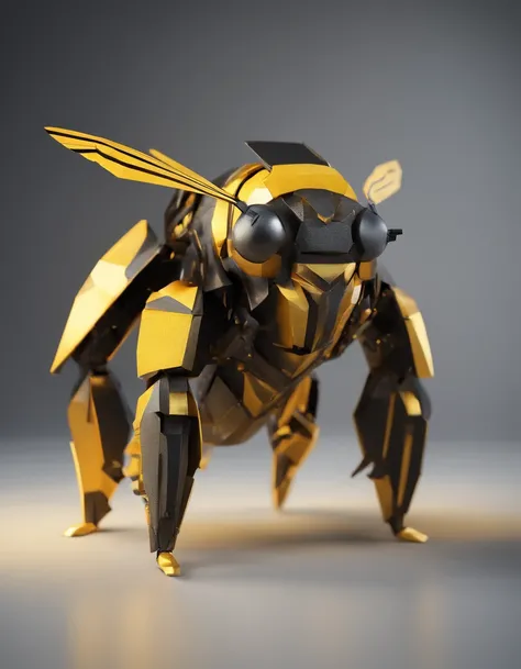 Bumblebee made of paper origomi, hammered metal atyle, cinematic light, golden particles, shallow depth of field, dark theme, black background