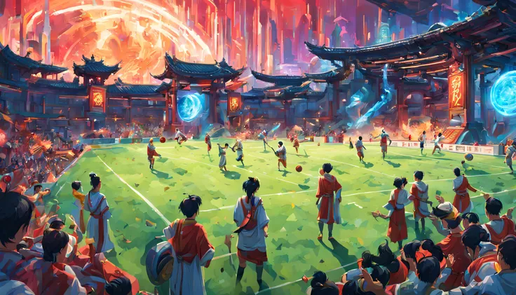 The scene takes place in a lush, vibrant landscape, where the combination of ancient and futuristic elements creates a unique, harmonious atmosphere. The colors used are rich and vivid, allowing the viewer to fully immerse themselves in this fascinating wo...