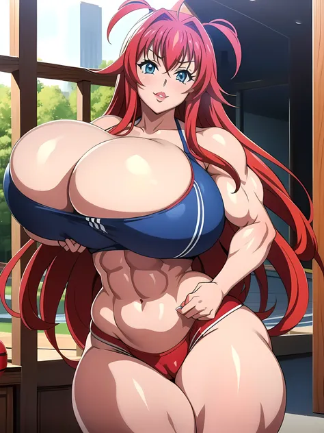 Highschool dxd, Rias Gremory, 1girl, (((bimbo))), blue eyes, puffy lips, painted lips, thick lips, wide hips, thick thighs, big breast, huge ass, revealing cleavage, erotic, smile face, bubble butt, camel toe, hitomi Tanaka breasts, , huge breasts, yoga pa...