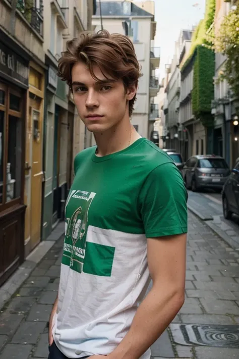 homme, 18 ans, cheveux roux peu intense, Yeux verts , t shirt court soir, Slightly muscular , rue parisienne, Spring Day,