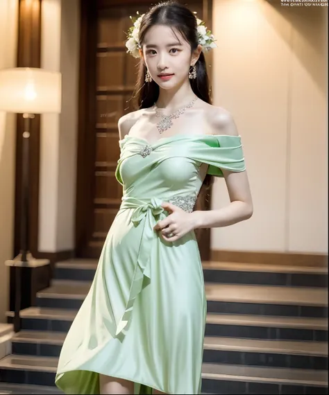 (Best Quality, 8K, 32K, masutepiece, nffsw:1),Pictures of cute Taiwanese women ,mournful smile,blush,Slender and elegant Taiwanese woman,28 years old,(Light Green Maxi Long Flared Atin Dress :1.4),off shoulders,High quality fabrics ,No wrinkles,Jewelry Ear...