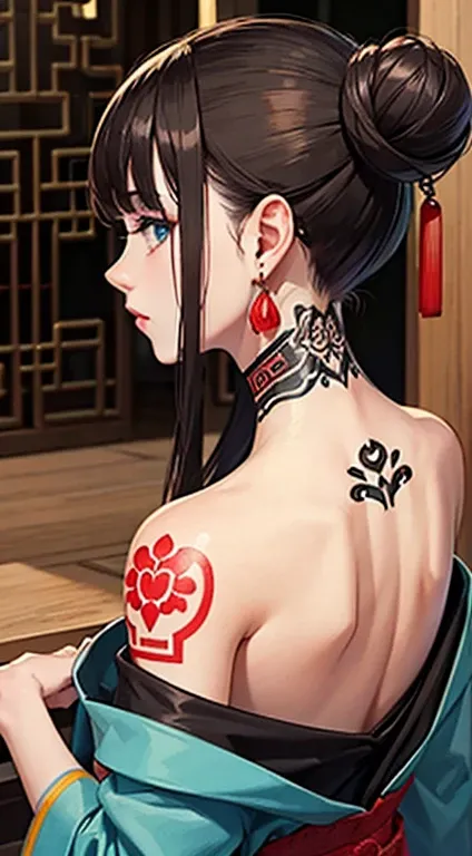 (masterpiece best quality:1.4),1girl, (tattoo of chinese text:1.5), solo, back tattoo, hair flowers, long hair, blue eyes, looking at viewer,back tattoo,tattoo,looking back, from behind, black hair, tassel, bare shoulders, hanfu, chinese clothes,back, bang...