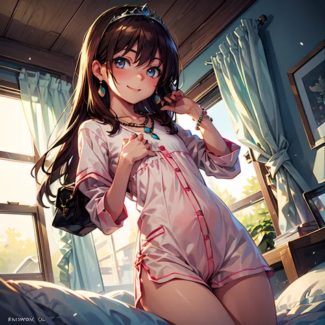 (solo), happiness, joyful, Ultra-detailed, Photorealistic, vibrant colors, snowfield, snow, (lonesome cold (winter night) background), darkness, pines, bed, curtains, falling snowflakes, innocent 1girl goddess, (cute pose), very mean, (evil smile), ((flat ...