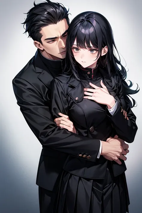 (1 girl), (1 boy), black hair, man hugging woman, (man in black gakuran and black slacks), (woman in black sailor suit and black pleated skirt), cool guy, cute girl, hug from behind, man hugging woman from behind, cinematic effect, romantic, mystical Cool,...