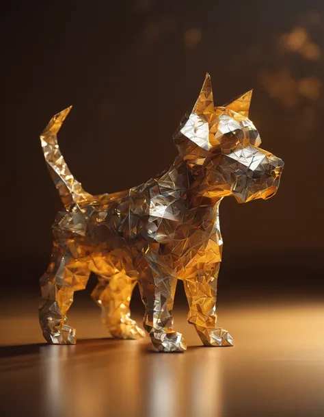 Intricate puppy made of paper origomi, hammered metal atyle, cinematic light, golden particles, shallow depth of field, dark theme, black background