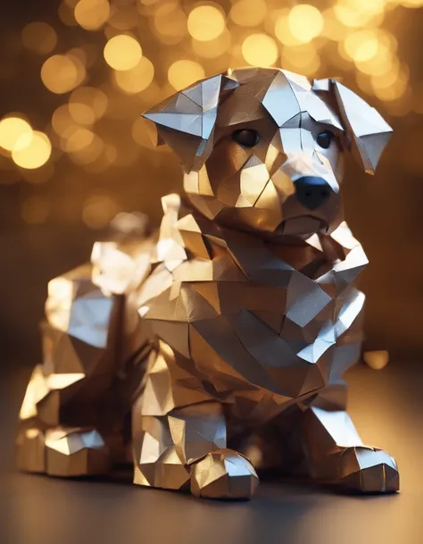 Intricate puppy made of paper origomi, hammered metal atyle, cinematic light, golden particles, shallow depth of field, dark theme, black background