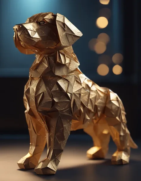 Intricate puppy made of paper origomi, hammered metal atyle, cinematic light, golden particles, shallow depth of field, dark theme, black background