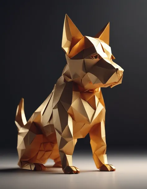 Intricate puppy made of paper origomi, hammered metal atyle, cinematic light, golden particles, shallow depth of field, dark theme, black background