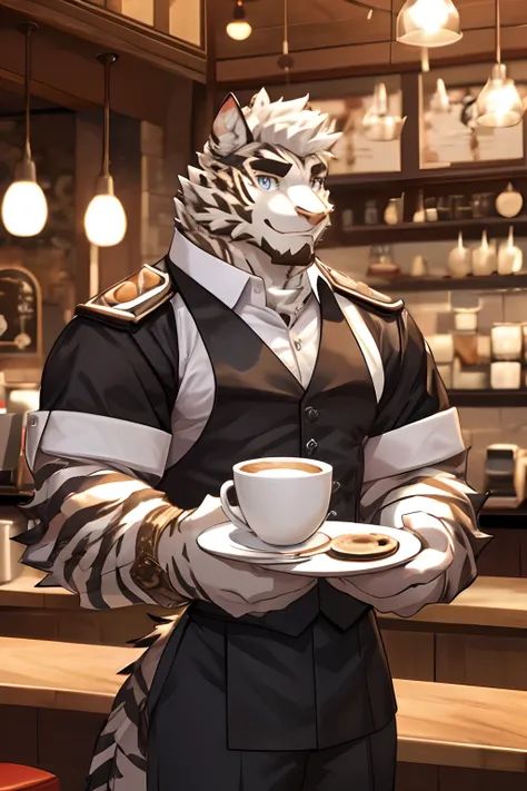 Mountain Arknight, Body Fit, Black Strips, Short Hair, Perfect Eyes, Waiter Uniform, Smiling, Heart Warming, Cool Pose, Handsome, Good looking, Looking To Front, Coffee, Cafe Background