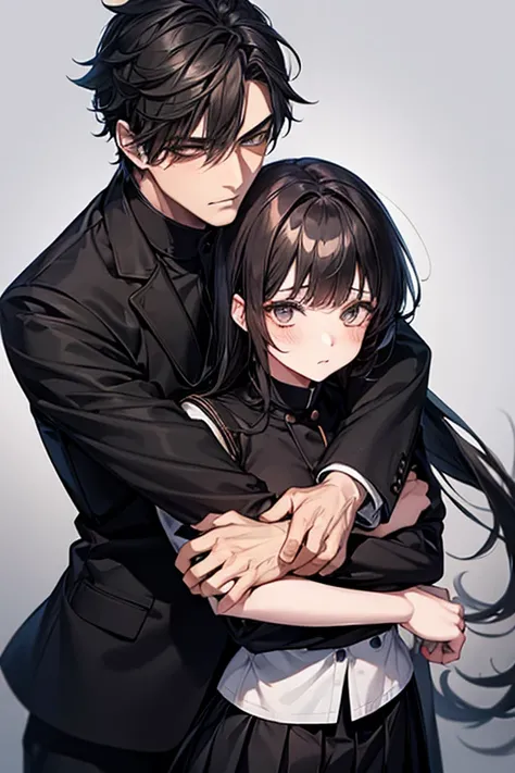 (1 girl), (1 boy), dark hair, man hugging woman, (man in black gakuran and black slacks), (woman in black sailor suit and black pleated skirt), 18 years old, cool guy, cute girl, hugging from behind, man hugging woman from behind, cinematic effect, romanti...