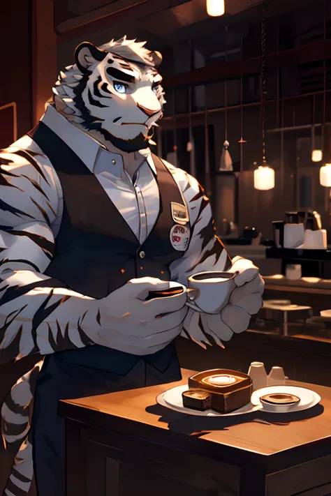 Anthropomorphic White Tiger, Body Fit, Black Strips, Short Hair, Perfect Eyes, Waiter Uniform, Smiling, Heart Warming, Cool Pose, Handsome, Good looking, Looking To Front, Coffee, Cafe Background