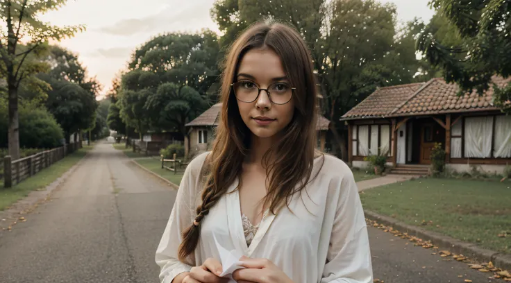 Cute Designer Girl, leaves the institute, Hair with 1 bright strand, A roll of Whatman paper in a bag, sketchbook, wears delicate glasses,, Boho clothing, Small European Town, Evening sunset, dreamy, Masterpiece, ultradetail, 4k, 8K, Full HD