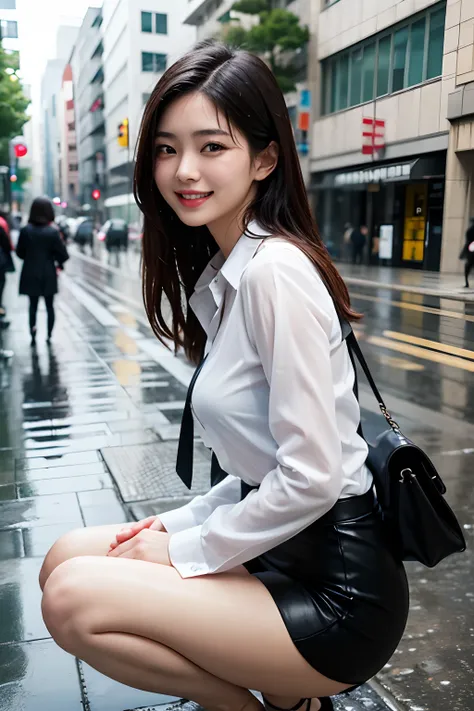 (best quality,realistic,ultra-detailed),high-res photo,Japanese woman in the rain,smiling. White blouse,black second bag,mini skirt,suit attire.Young woman.The entire street is wet. Showing a smartphone screen with nothing displayed.