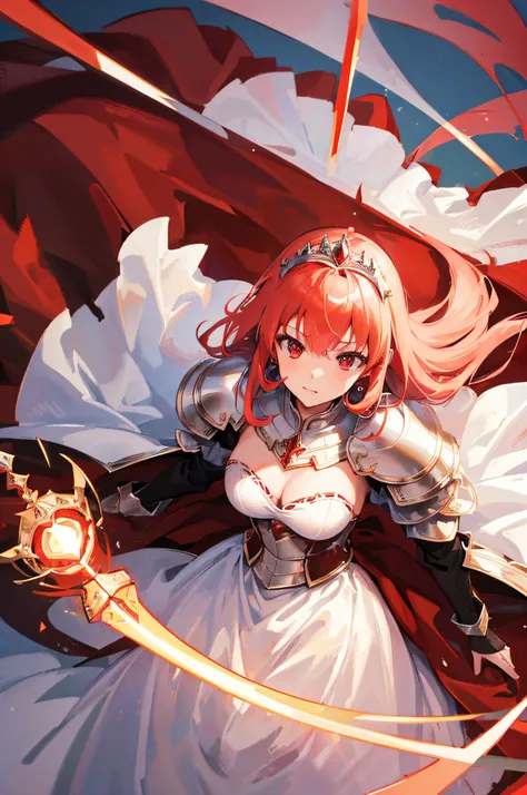 4k,hight resolution,One Woman,White red hair,Longhaire,Bright red eyes,hime,Princess Knight,Princess Dresses,knight armor,Heavy Armor,Princess Tiara,Excalibur,jewel decorations,uni