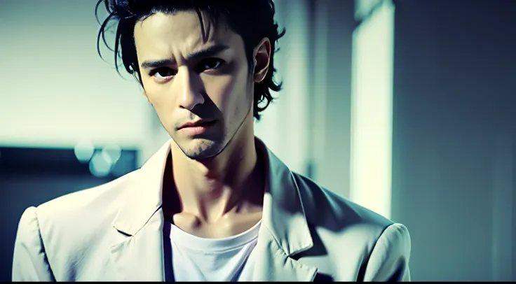 okabe, white t shirt, black shirt, labcoat