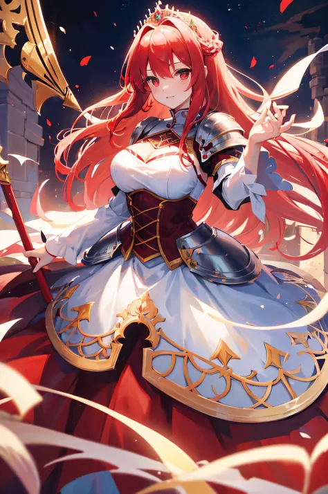 4k,hight resolution,One Woman,White red hair,Longhaire,Bright red eyes,hime,Princess Knight,Princess Dresses,knight armor,Heavy Armor,Princess Tiara,Excalibur,jewel decorations