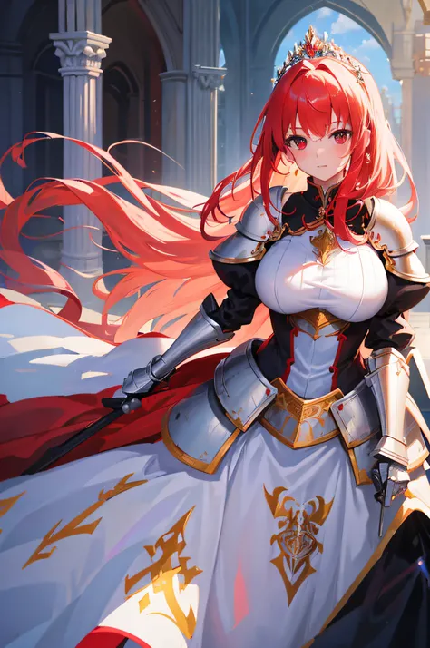 4k,hight resolution,One Woman,White red hair,Longhaire,Bright red eyes,large full breasts,hime,Princess Knight,Princess Dresses,knight armor,Heavy Armor,Princess Tiara,Excalibur,jewel decorations