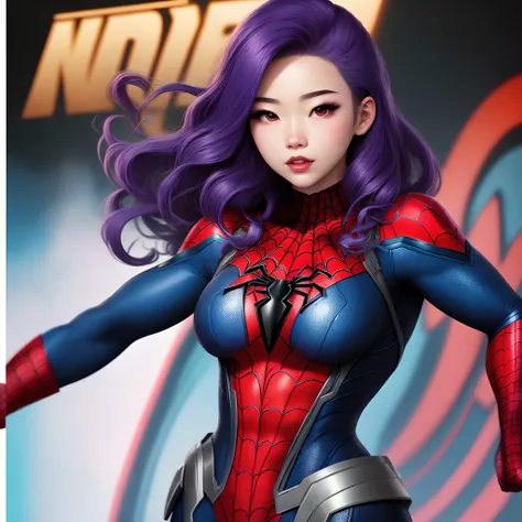 estilo Marvel panel comic,estilo marvel comic,18 year old teen Korean American girl, bonita,con el cabello muy largo de color morado pastel peinado en una cola con ondas,ojos grandes y brillantes de color azul cielo,pale-skin,labios grandes y pomposos de c...