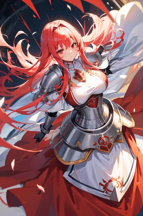 4k,hight resolution,One Woman,White red hair,Longhaire,Bright red eyes,large full breasts,hime,Princess Knight,Princess Dresses,knight armor,Heavy Armor,Princess Tiara,Excalibur,jewel decorations