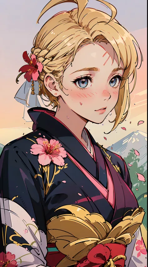 (((((((Blushing,cute cheeks,blonde hair，large wedding kimono with flower))))))，((1girl,Solo,Amazing,Cute Korean mixed-race girl，rosto magro,))(Masterpiece,Best quality, offcial art, Beautiful and aesthetic:1.2),((HD,Golden ratio,)) (16k),((sakura petals,sn...