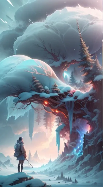 Model shooting style, (extremely detailed 8k cg wallpape),extreme light，1girll，Stand under the iceberg，Admire the beautiful forests and snowfields，Personachi Cyberpunk [Snow-capped mountain landscape with fog：Transparent ethereal girl，snow mountains：0.33] ...