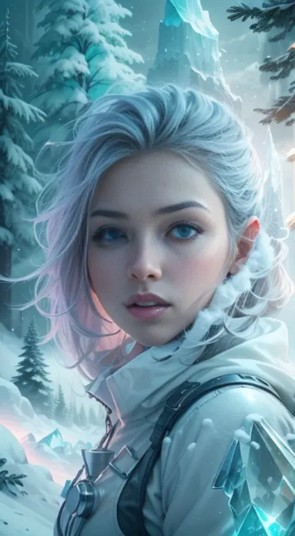 Model shooting style, (extremely detailed 8k cg wallpape),extreme light，1girll，Stand under the iceberg，Admire the beautiful forests and snowfields，Personachi Cyberpunk [Snow-capped mountain landscape with fog：Transparent ethereal girl，snow mountains：0.33] ...