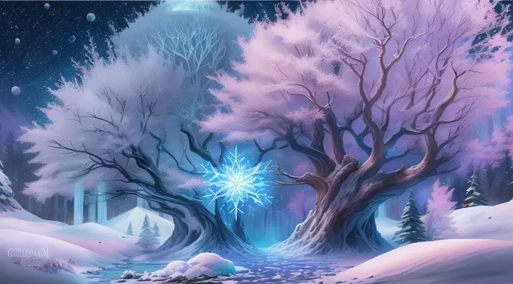 Arte conceitual de inverno, Snow and ice forest，Each branch is covered with sparkling ice crystals，They resemble countless diamonds，Shine brightly，The branches of the trees seem to be embedded in the snow and ice，A forest of ice and snow was formed， These ...