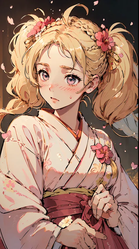 (((((((blushing,cute cheeks,blonde hair，large wedding kimono with flower))))))，((1girl,solo,amazing,cute korean mixed-race girl，...