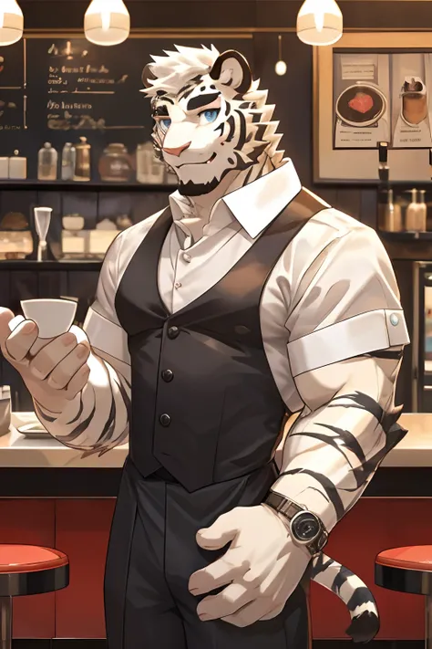 anthropomorphic white tiger, body fit, black strips, short hair, perfect eyes, waiter uniform, smiling, heart warming, cool pose...