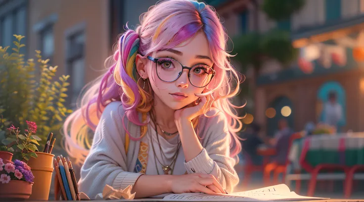 Cute Girl Designer, comes from the institute, Rainbow hair, nose piercing, A roll of Whatman paper in the bag, Sketchbook, wears delicate glasses, boho style clothing, A small European town, Evening sunset, Dreamy, Masterpiece, ultradetail, 4k, 8k, full HD