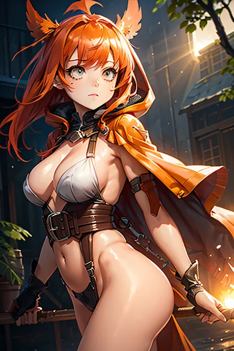 incredible beautiful slim young girl, big boobs, small waist, ass, lacework harness, sunset backlight, orange feathers hooded cape, active sexy pose, forest background