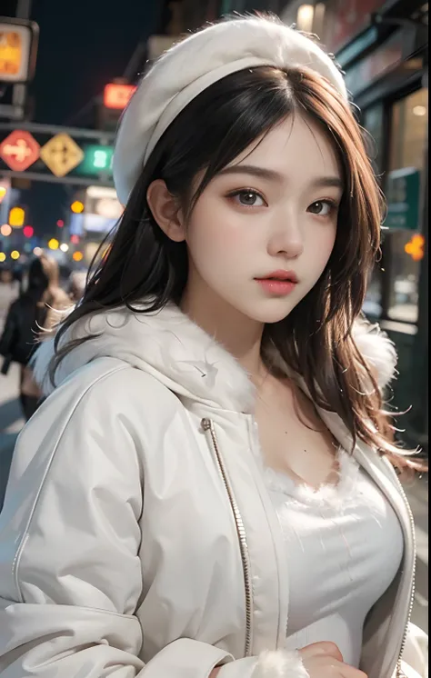 (Highest image quality, excellent details, Ultra-high resolution), (Realism: 1.4), High Condensation 1 Beautiful Girl, with a delicate and beautiful face, (Slightly Chubby:0.4), (((White inner and fur coat))), Neon Street at Night