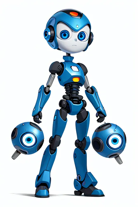 A blue circular robot with four arms with eyes at the tip, plus two normal arms with hands, com um grande olho azul quase do tamanho do seu corpo, is standing on a white background. The robot has a unique appearance, With a camera in one hand. The robots e...