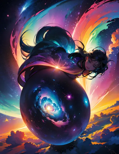 Girl standing in the clouds, stars floating around her, brilliant colors, amazing swirls of cosmic dust, colorful vibrant, light particles, water color painting, splash art,