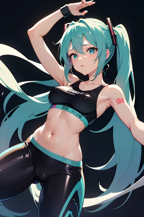 hatsune miku, galaxy printed leggings, tight leggings, wet crotch, cameltoe, tight leggings, cute cameltoe, vaginal juice on leggings, vaginal juice drip, cute, dark stain on crotch, cute, medium breasts, tight sports bra, thin fabric, rubbing crotch