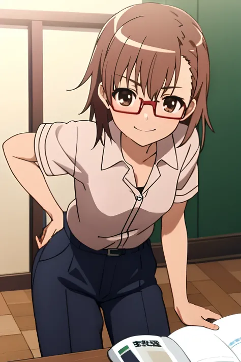 masterpiece, best quality, misaka_mikoto, brown eyes, short_hair, small_breast, looking at viewer, solo, collared_shirt, , shirt, red_shirt, classroom, wearing glasses and casual shirt, smiling