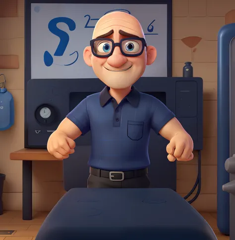 Cute Bald Middle-aged Man Blue Eyes With Glasses Black Rectangular In Navy Blue Polo Shirt With A Stylized Yellow Letter I On The Left Side Of Background A Fuel Pump In Disney Pixar Style