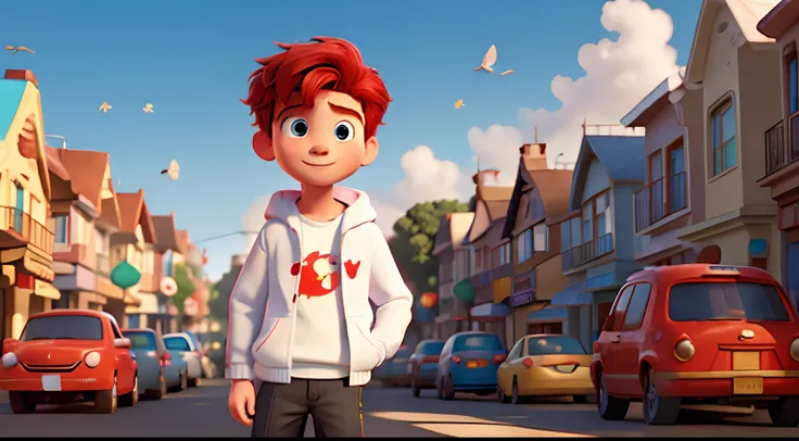 DISNEY PIXAR STYLE) DISNEY CHARACTER, a 7 year old guy, red hair, white, WEARING A WHITE HOODIE, in a nice hooded street neighborhood, full of birds, a butterfly, a dog and a white owl . DISNEY PIXAR STYLE