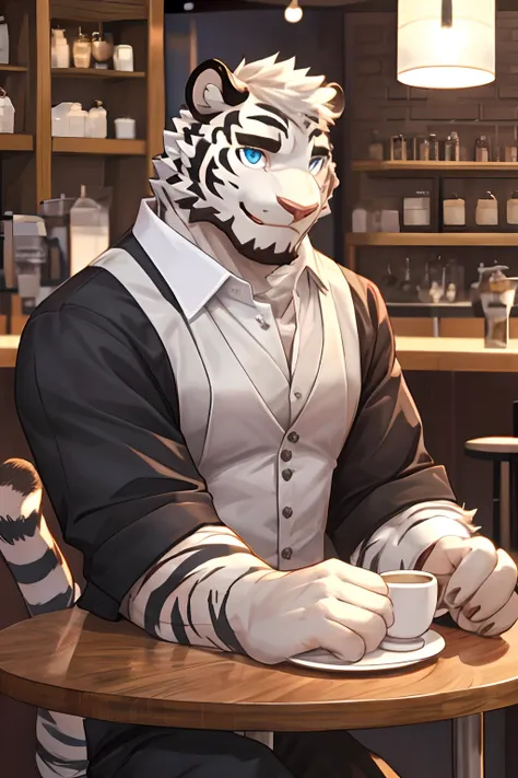 anthropomorphic white tiger, body fit, black strips, short hair, perfect eyes, waiter uniform, smiling, heart warming, cool pose...