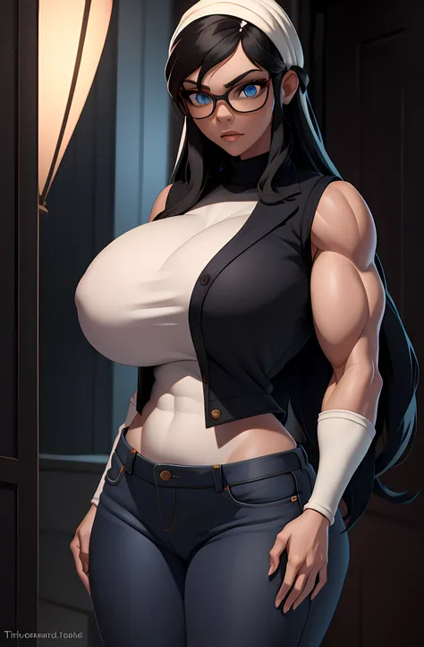 scientific vest, long hair hime cut, black hair, pale sking, blue eyes, ,big breast, pants, pullover, tilda, ((((huge muscles))))