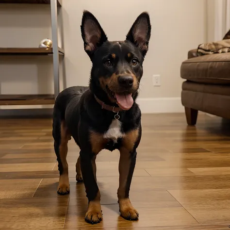 Realistic image of a small black mutt dog with caramel and ears standing up, mix of the pinscher breed with Basset; brincando com uma bola na grama