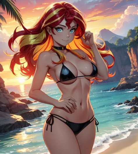 Sunsethuman, Sunset Shimmer, Sunset Shimmer from my little pony, Sunset Shimmer in the form of a girl, big breasts, lush breasts, voluminous breasts, firm breast, detailed hands, two tones of hair, red and yellow hair, disco, solo, one character, black bik...