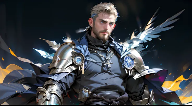 Highest quality, masterpiece, male, black super short hair, blue eyes, armor, cape, brightly colored, bright picture, paladin, muscular, short beard, mature, glowing particle special effects, church, national character face, tall, strong, rough face, falli...