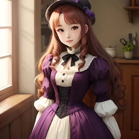 Anime girl with long violet hair and brown eyes. She wears a brown victorian dress