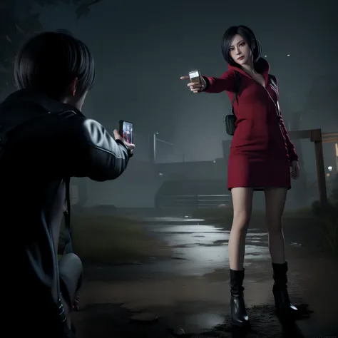 Ada wong, beautiful face,  bob hair, perfect Face, wearing mini red dress hoody, wearing hoody, black nail polish, friendly face, glare, girly, Staring at a mans face